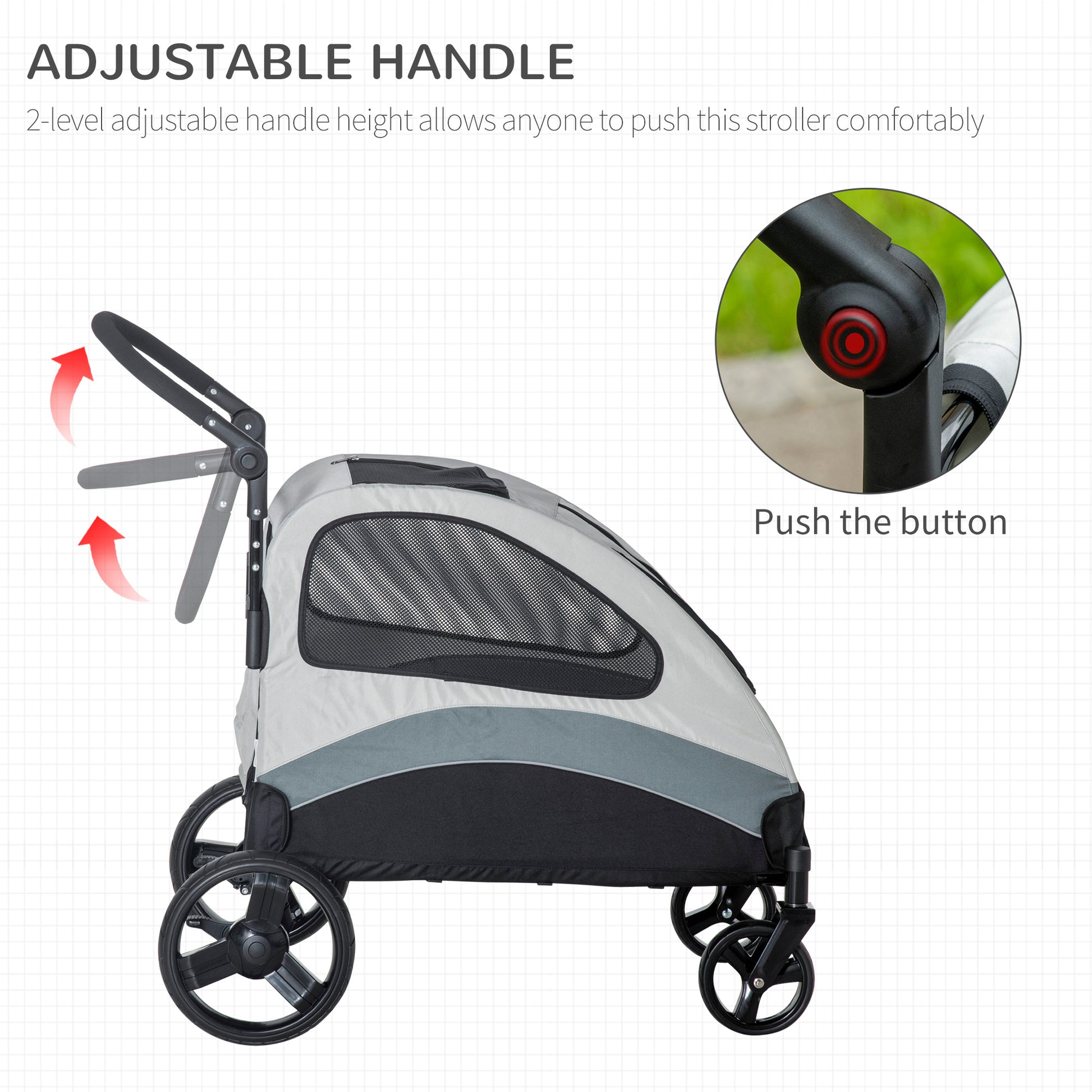 PawHut Pet Stroller for Medium Dogs Cat Pushchair Buggy Pram with 4 Wheels Safety Leash Zipper Doors Mesh Windows Storage Bag, Grey