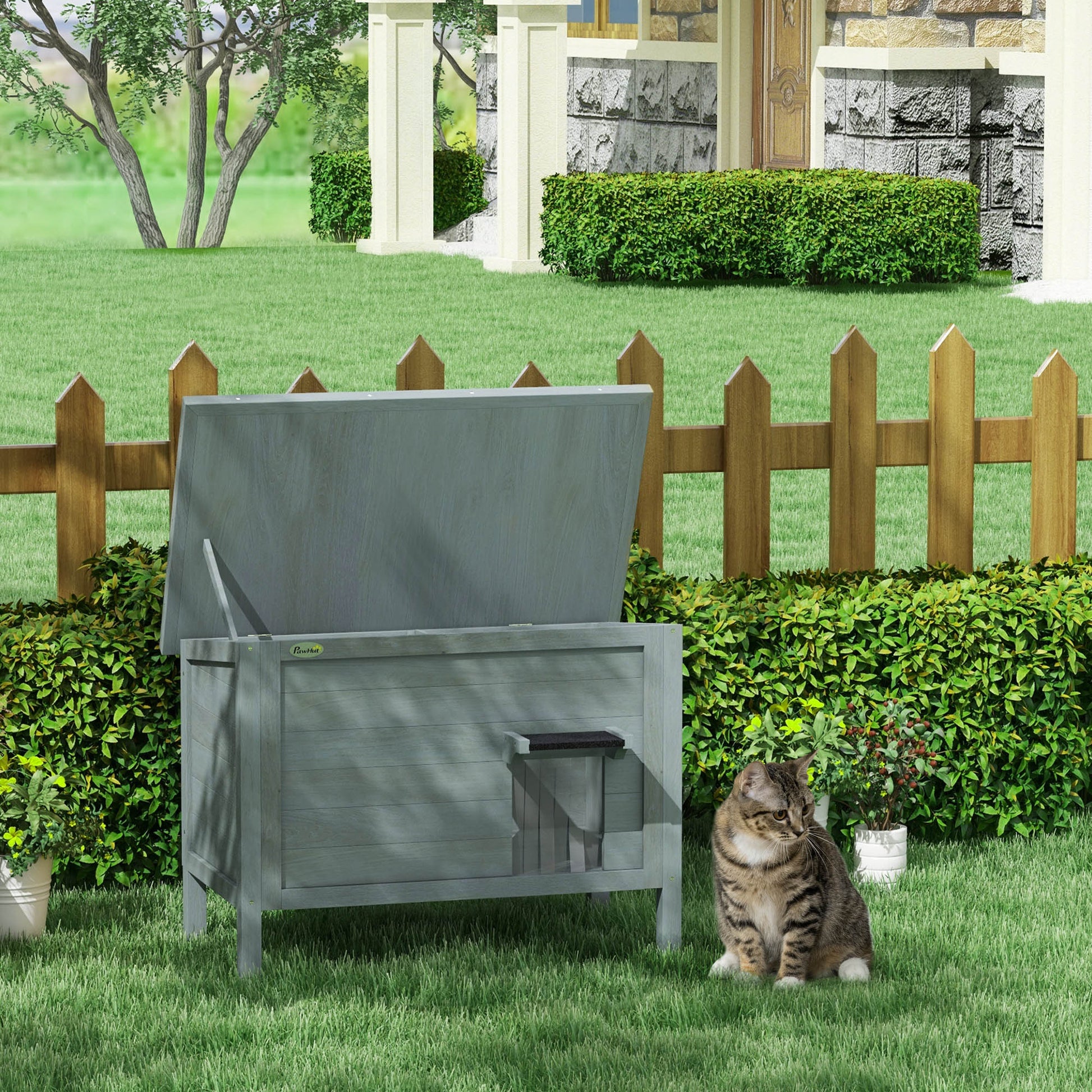 PawHut Feral Cat House Wooden Insulated with Removable Floor, Waterproof Openable Roof - Charcoal Grey