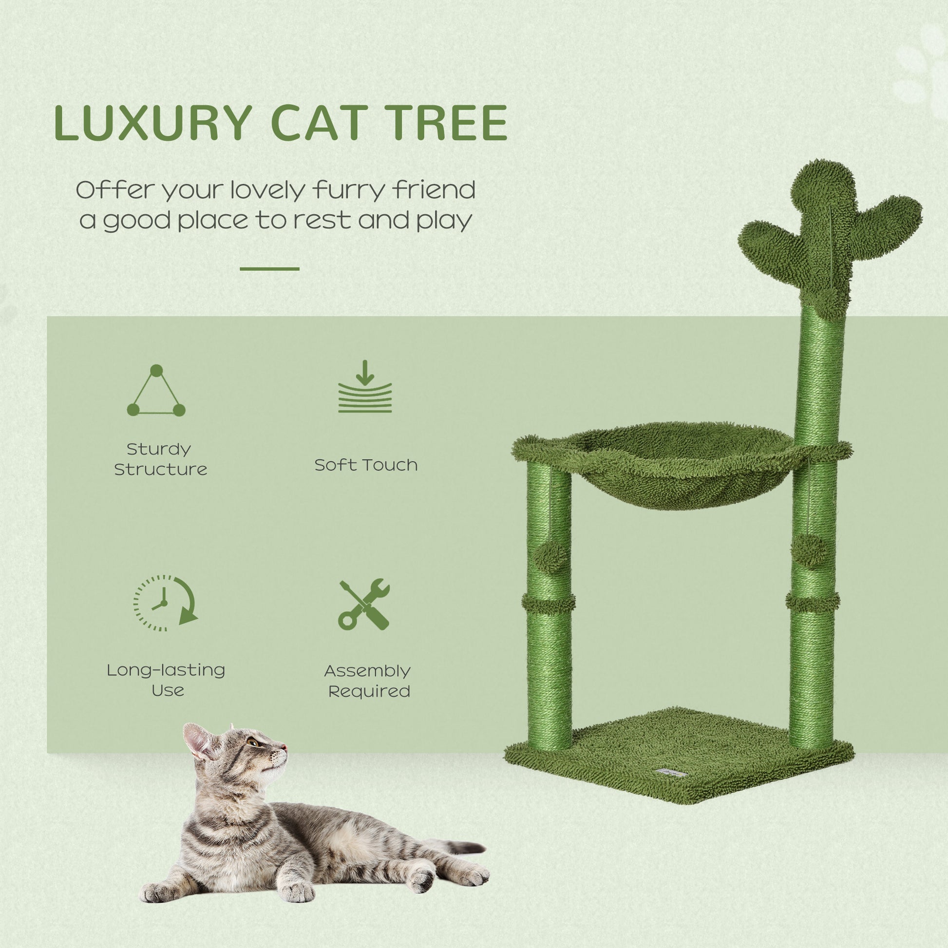 PawHut Cat Tower Kitten Activity Center Cactus Shape with Scratching Post Hammock Bed Dangling Ball Toy