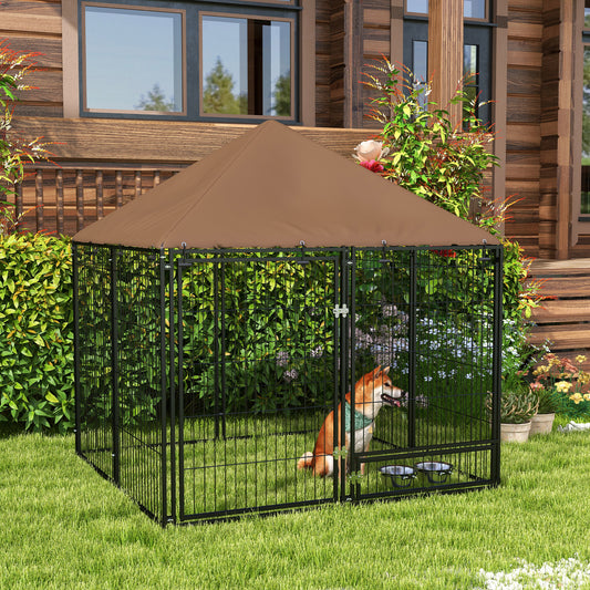 PawHut Outdoor Dog House Kennel with Water-resistant Roof Lockable Mesh Metal Cage Steel Fence, 141 x 141 x 121 cm