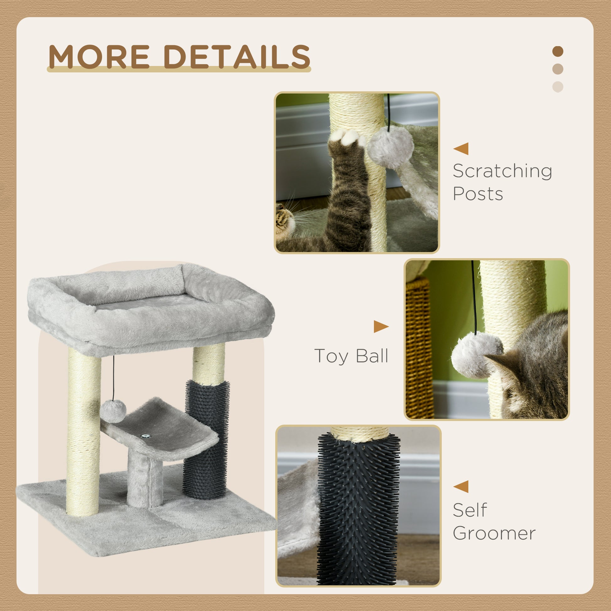 PawHut 48cm Cat Tree, Cat Tower with Cat Self Groomer Cat Scratching Post with Hanging Ball, Self Groomer and Perches, Grey