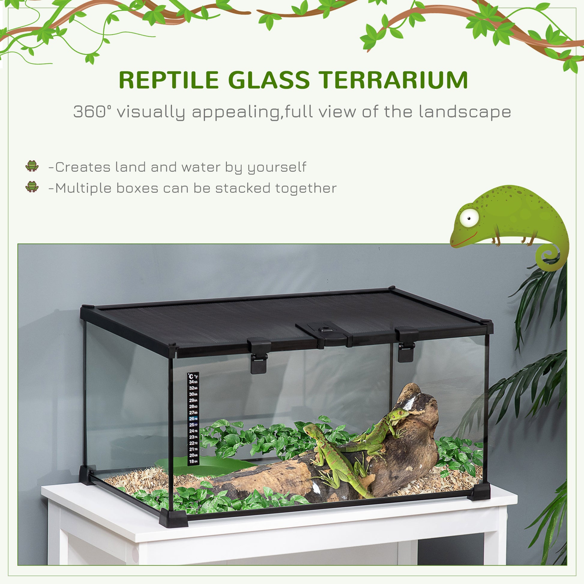 PawHut 50 x 30 x 25 cm Reptile Glass Terrarium, Reptile Breeding Tank, Climbing pet Glass Containers, Arboreal Box, with Strip Patch Thermometer-Black