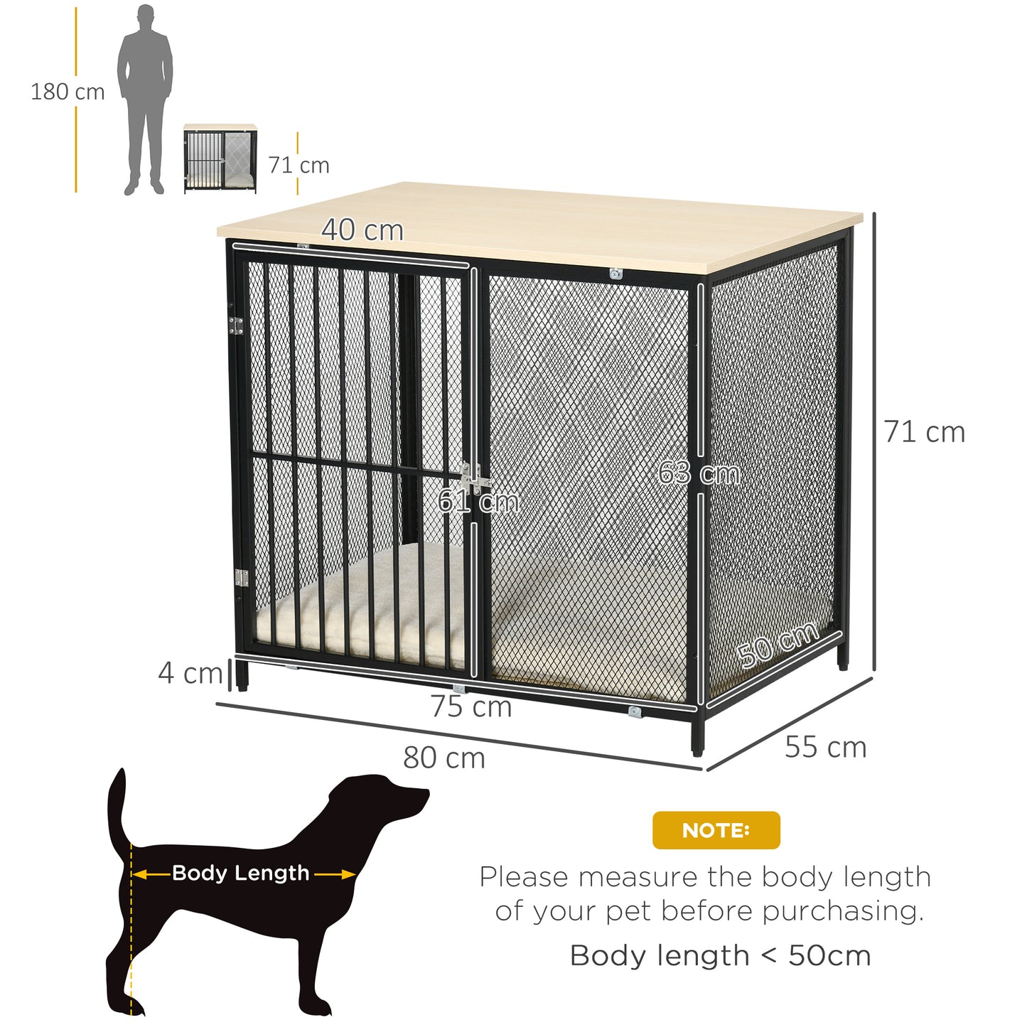 PawHut Dog Crate Furniture Side End Table with Soft Washable Cushion, Indoor Dog Kennel with Wire Mesh Wall, Wooden Top, for Medium Small Dogs