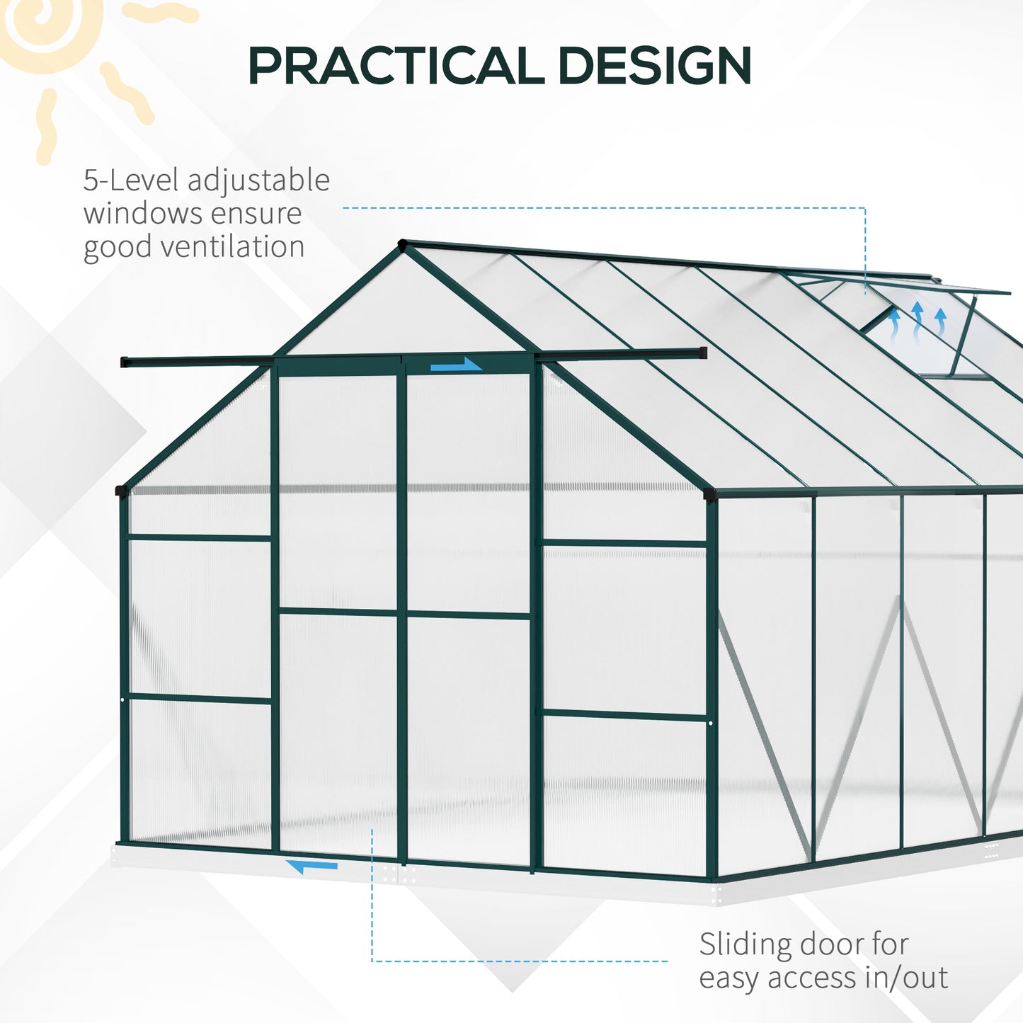 outsunny-aluminium-greenhouse-polycarbonate-walk-in-garden-greenhouse-kit-with-adjustable-roof-vent-rain-gutter-and-foundation-8-x-12ft-clear