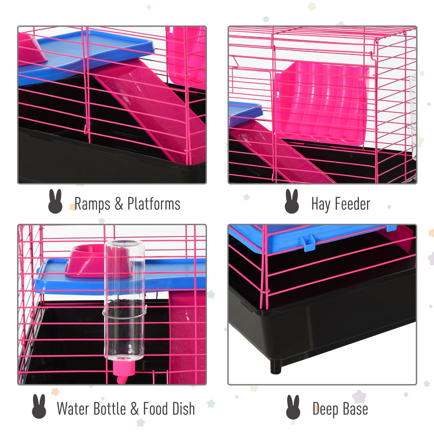 PawHut Dwarf Hamster Metal Cage Guinea Pigs Hutches w/ Tunnels Pink