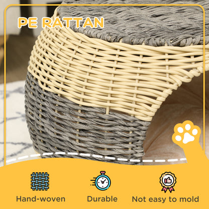 PawHut Wicker Cat House, Rattan Raised Cat Bed, Cosy Kitten Cave with Soft Washable Cushion, ?40 x 30cm