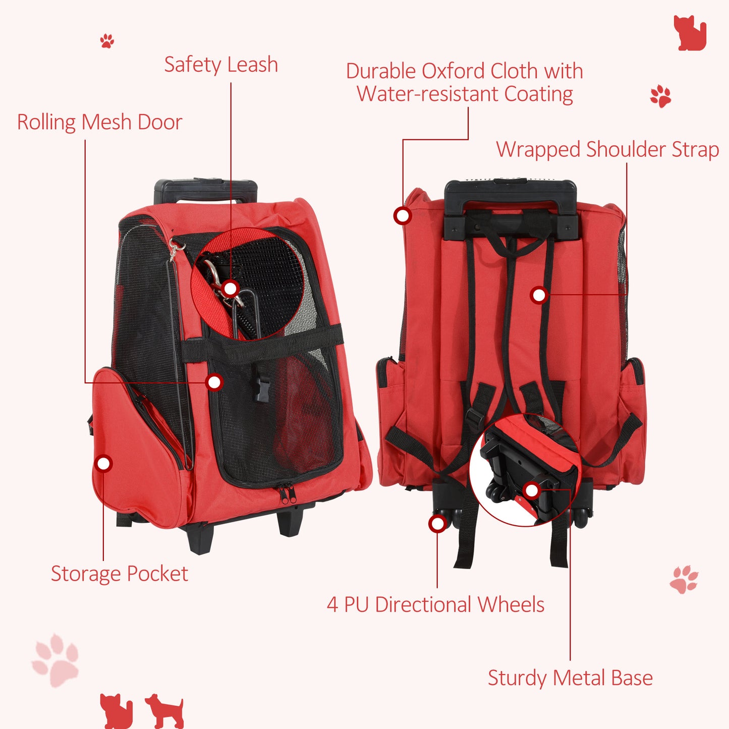 PawHut Dog Carrier Bag Travel Backpack Bag Cat Carrier Dog Bag w/ Trolley and Telescopic Handle, 42 x 25 x 55 cm, Red