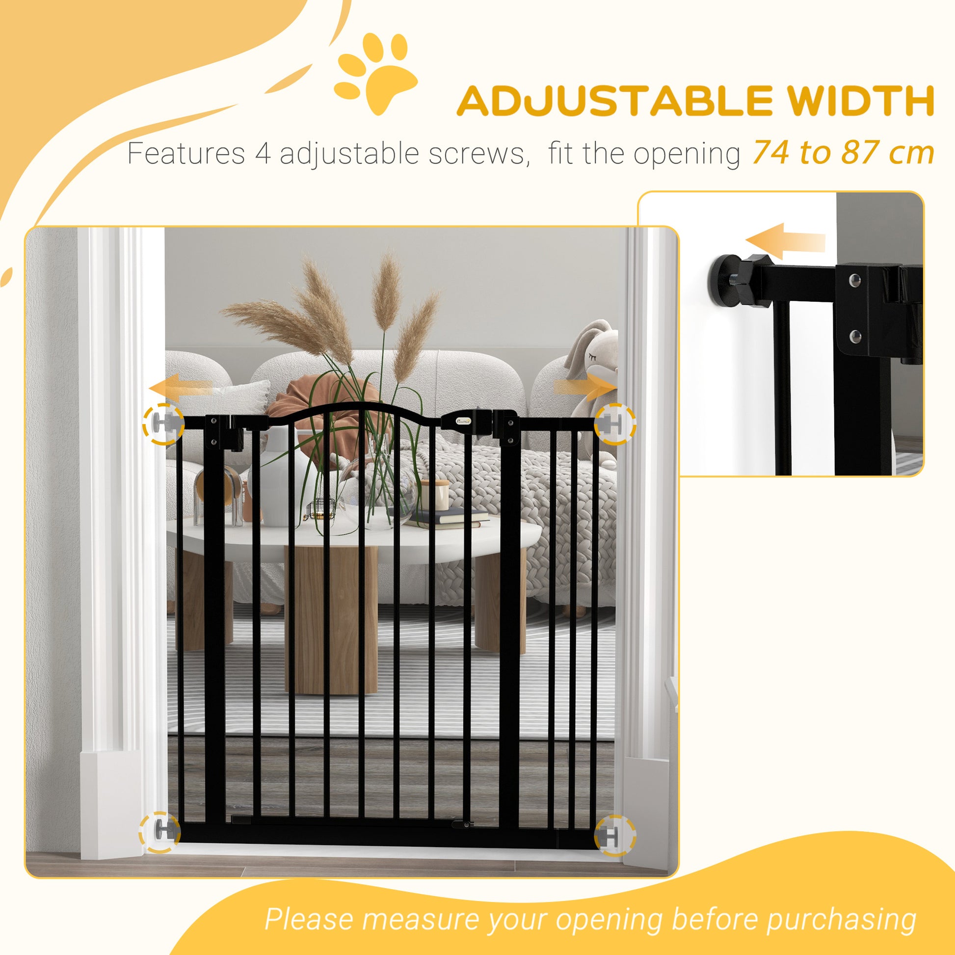 PawHut Metal 74-87cm Adjustable Pet Gate Safety Barrier w/ Auto-Close Door Black