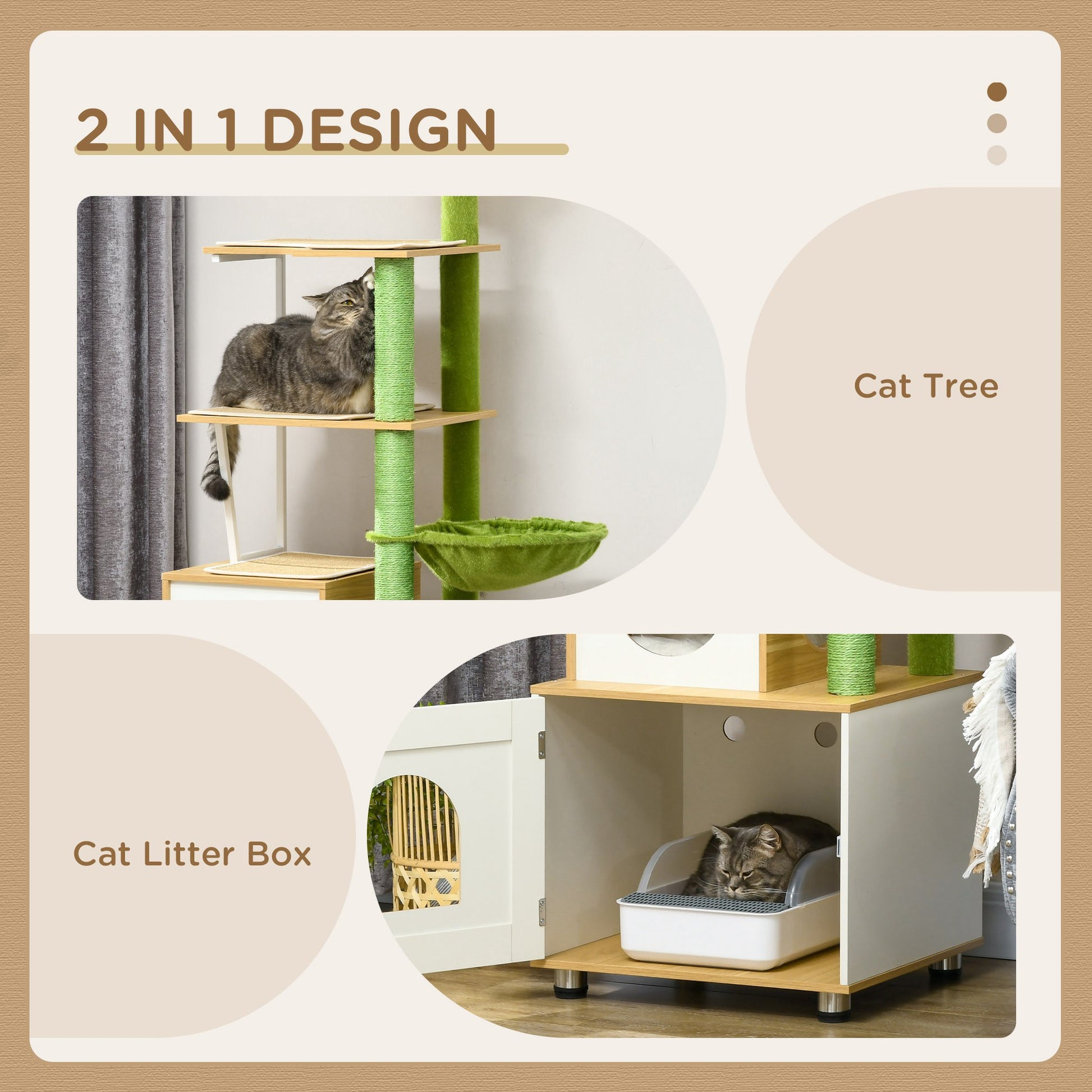 PawHut Cat Tree with Cat Litter Box for Indoor Cats, Cat Enclosure with Scratching Post, Cat Condo, Hammock, Platforms, Removable Cushions, Oak