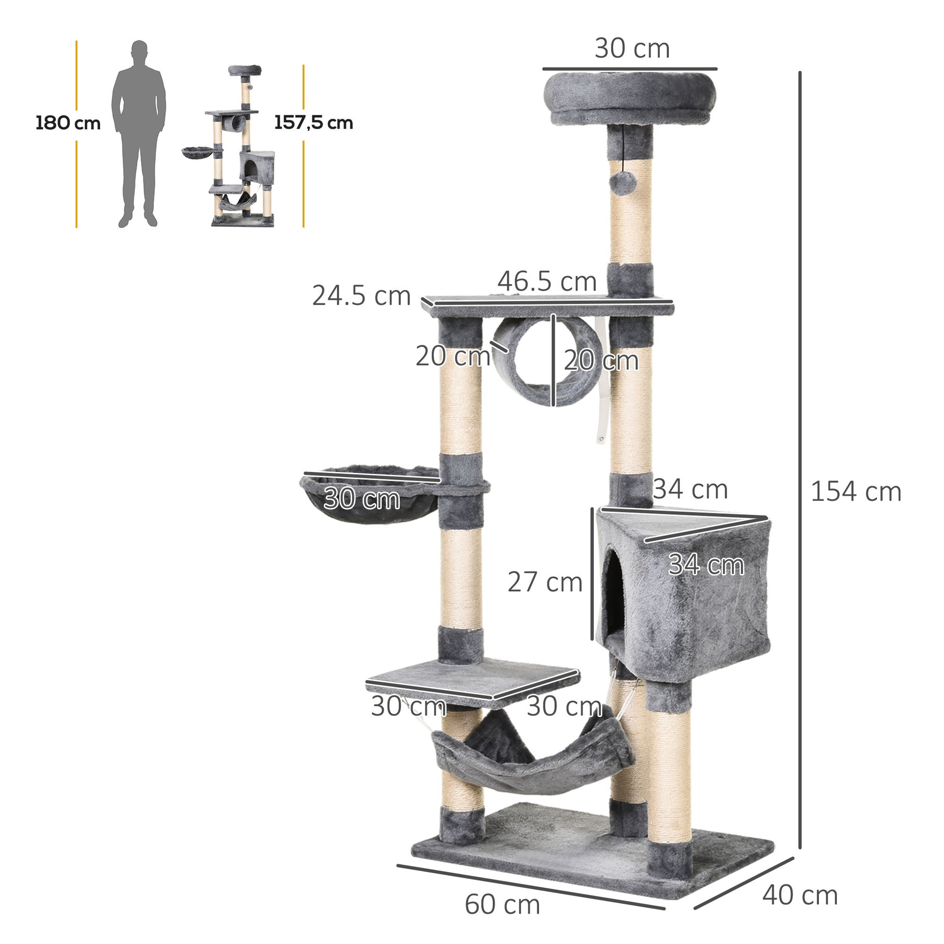 PawHut Cat Tree Condo Tower Multi-level Height 150CM  Kittens Activity Stand House with Toys & Various Scratching Posts