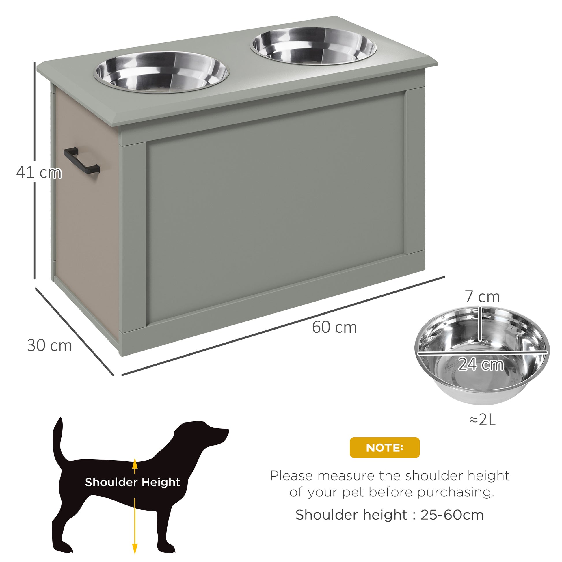 PawHut Raised Dog Bowls Pet Feeding Storage Station with 2 Stainless Steel Bowls Base for Large Dogs and Other Large Pets, Grey