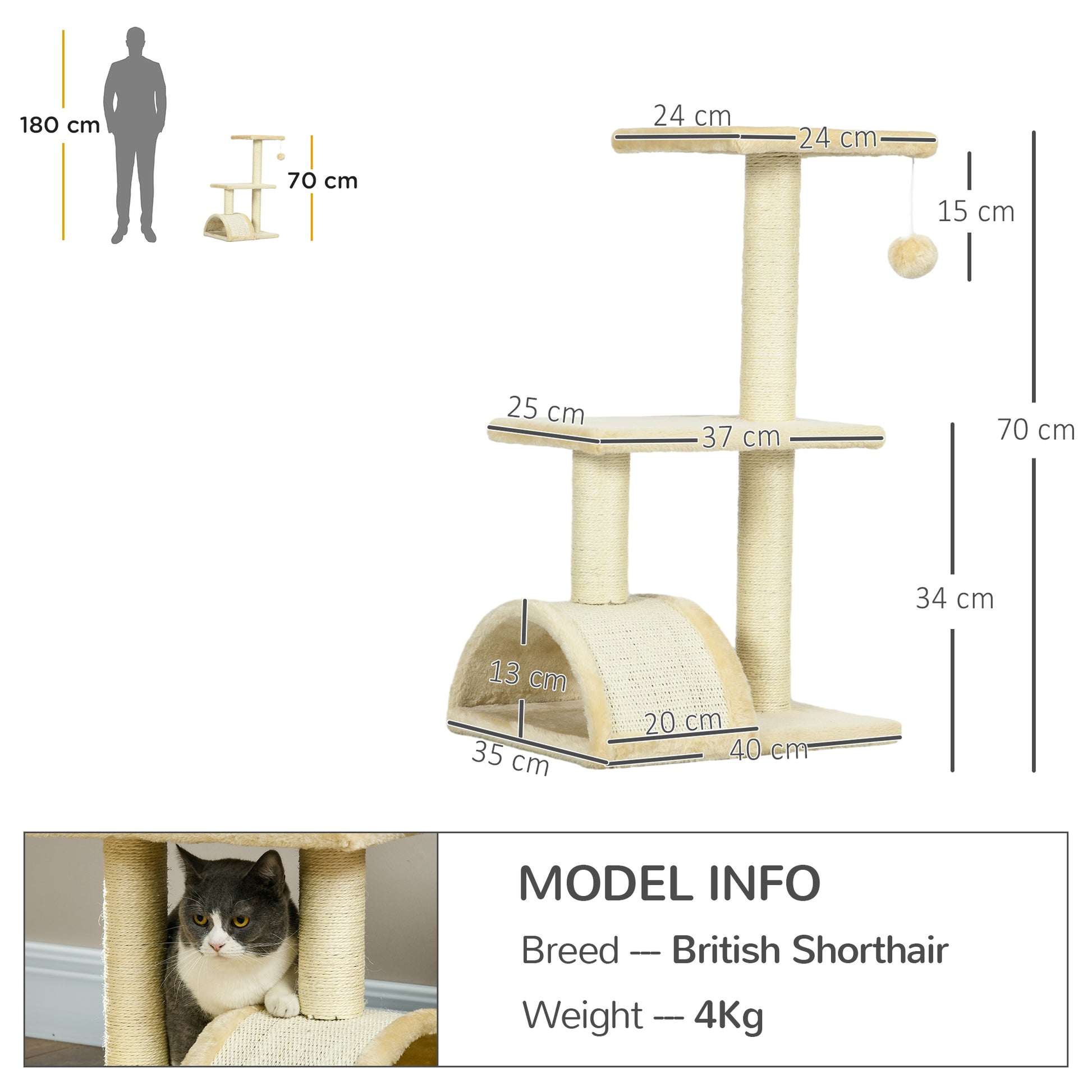 PawHut 72cm Cat Tree with Scratching Post, Pad for Indoor Cats - Cream White