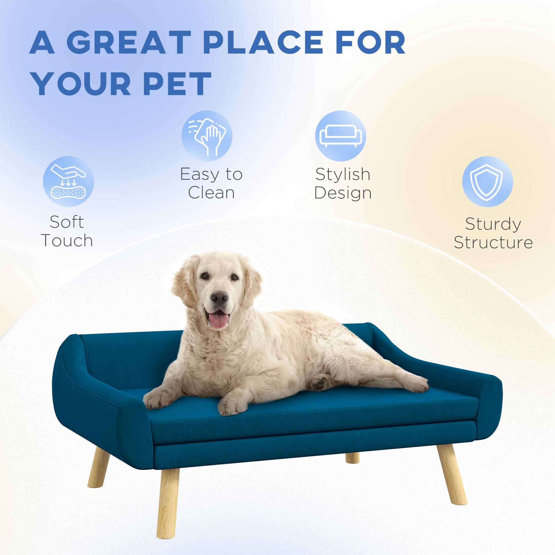 PawHut Dog Couch with Soft Cushion, Pet Sofa Bed with Wooden Frame, Removable Cover, for Medium and Large Dogs, Blue