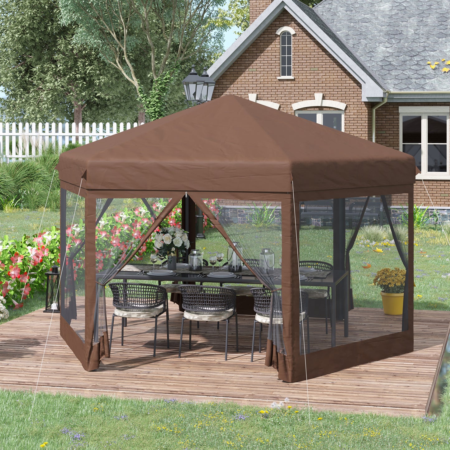 outsunny-3x3-5m-hexagonal-pop-up-gazebo-party-canopy-height-adjustable-tent-sun-shelter-w-mosquito-netting-zipped-door-brown