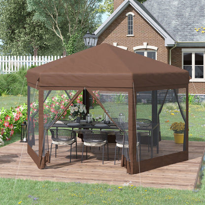 outsunny-3x3-5m-hexagonal-pop-up-gazebo-party-canopy-height-adjustable-tent-sun-shelter-w-mosquito-netting-zipped-door-brown