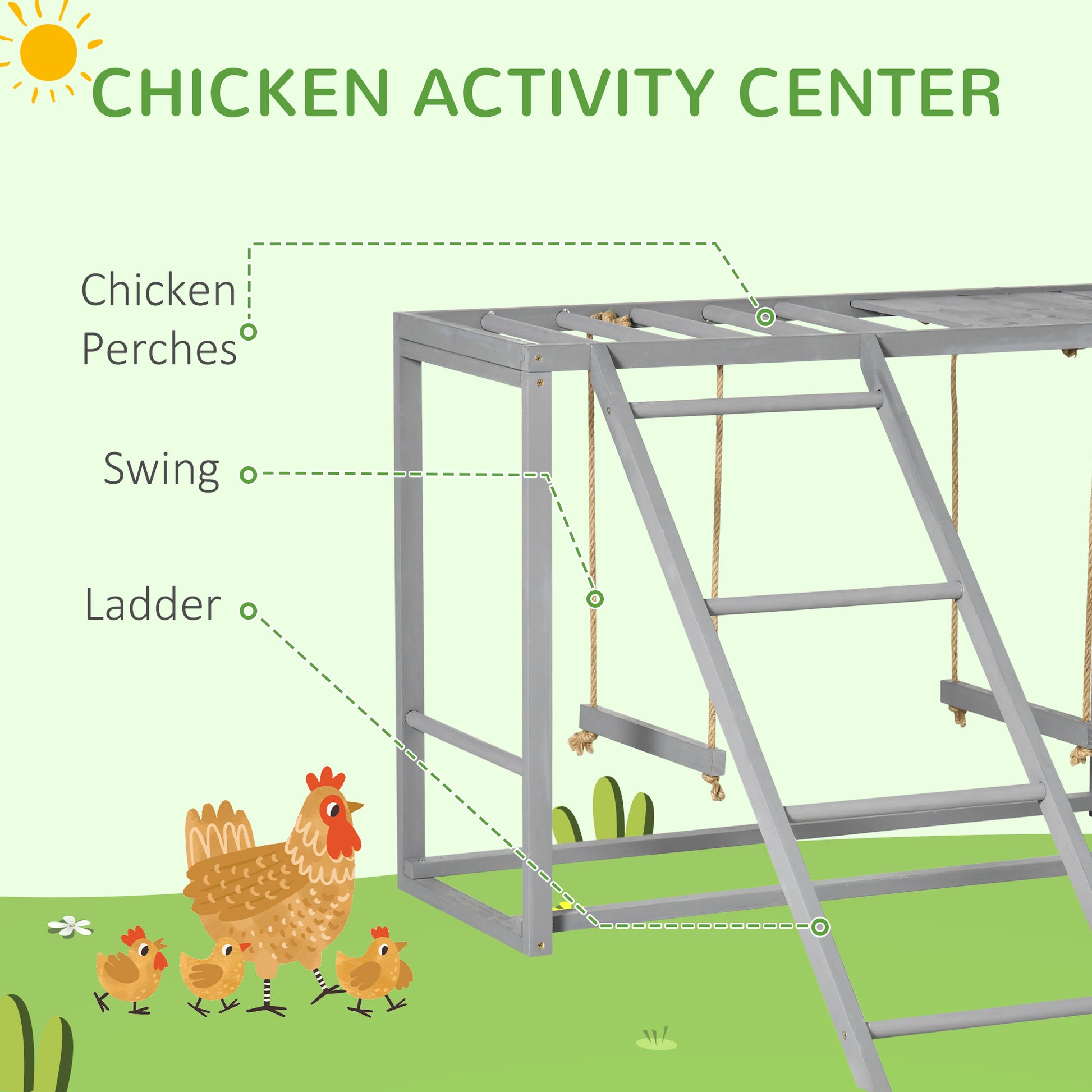 PawHut Chicken Activity Play with Swing Set for 3-4 Birds, Wooden Chicken Coop, Grey