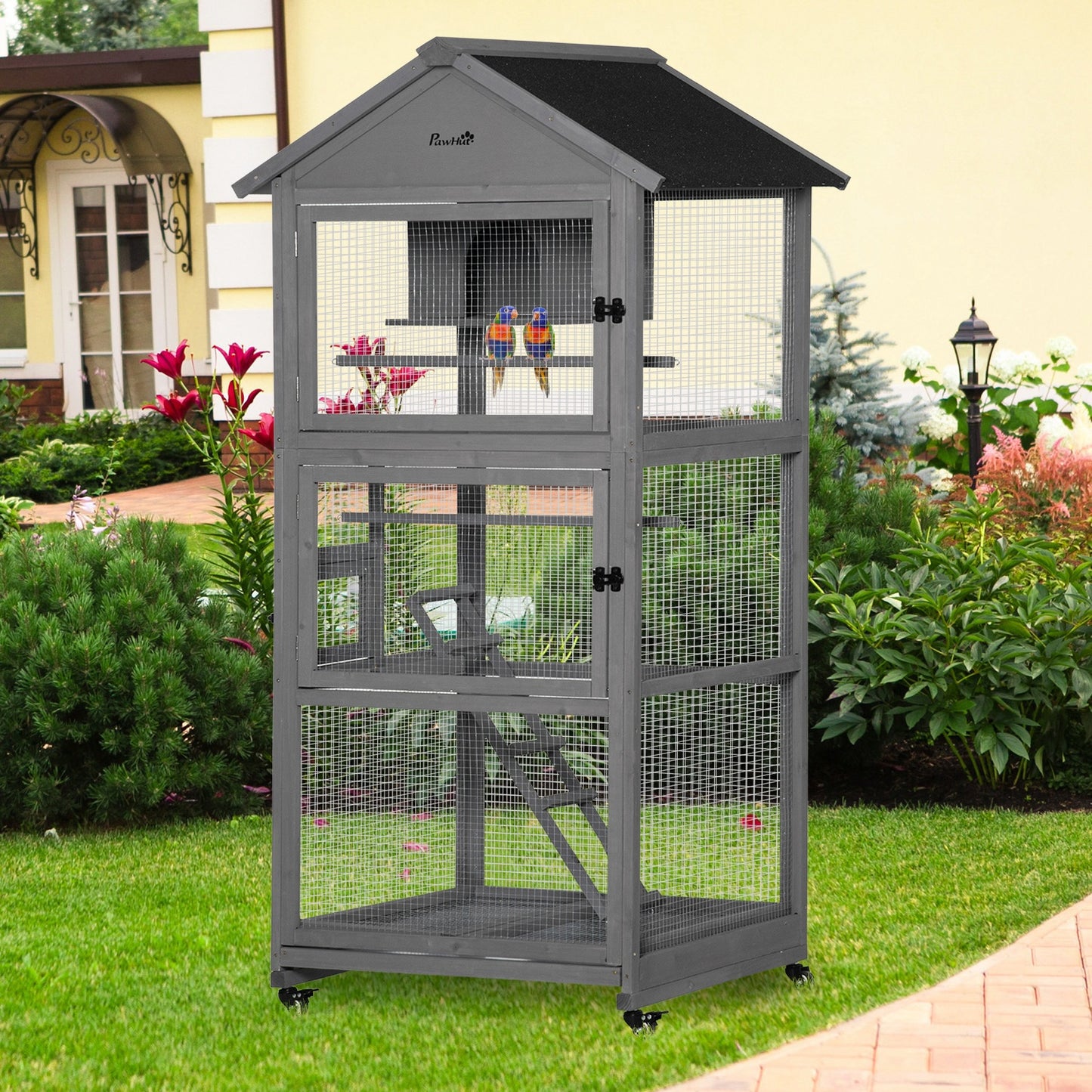 PawHut Bird Cage Mobile Wooden Aviary House for Canary Cockatiel Parrot with Wheel Perch Nest Ladder Slide-out Tray 86 x 78 x 180cm Dark Grey