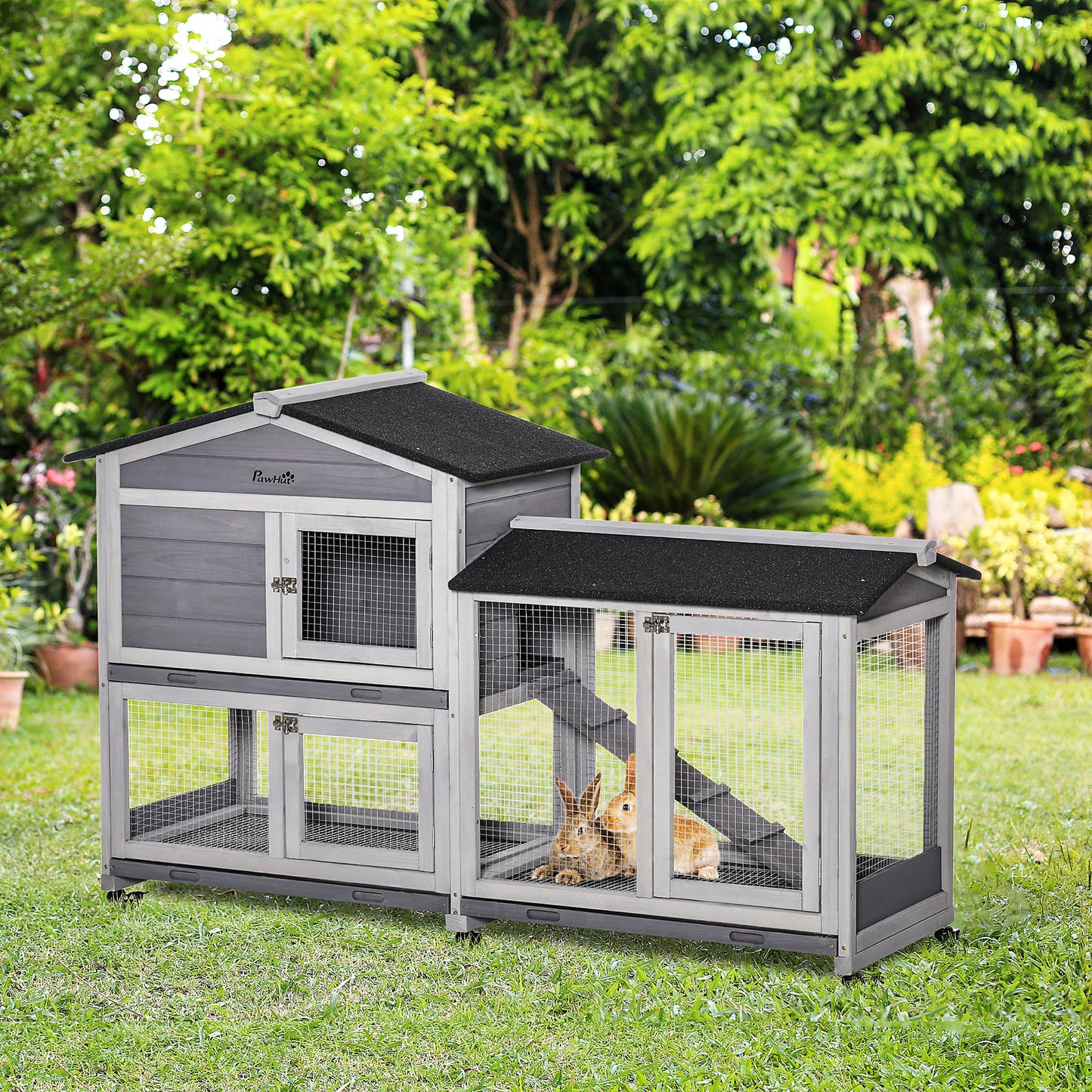 PawHut Two-Tier Rabbit Hutch and Run Wooden Mobile Guinea Pig Hutch Bunny Cage w/ Wheels, Run, Slide-Out Tray, Ramp 157.4 x 53 x 99.5 cm