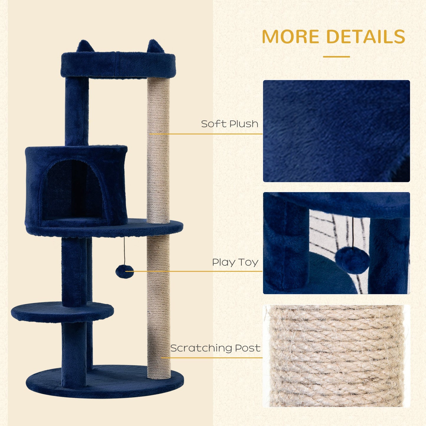 PawHut Cats 3-Tier Sisal Rope Scratching Post w/ Dangle Toy Blue