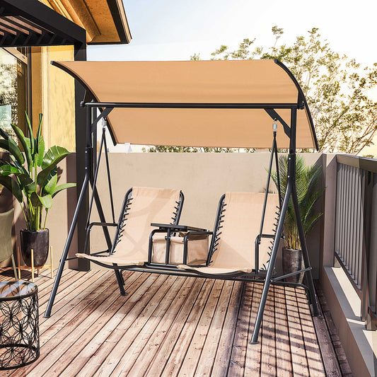 outsunny-2-seater-swing-chair-steel-frame-adjustable-canopy-texteline-garden-swing-seat-w-middle-table-cup-holders-heavy-duty-outdoor-patio-beige