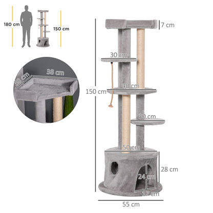 PawHut Cat Tree Kitten Tower Multi-level Activity Centre Pet Furniture with Scratching Post Condo Hanging Ropes Plush Perches Grey