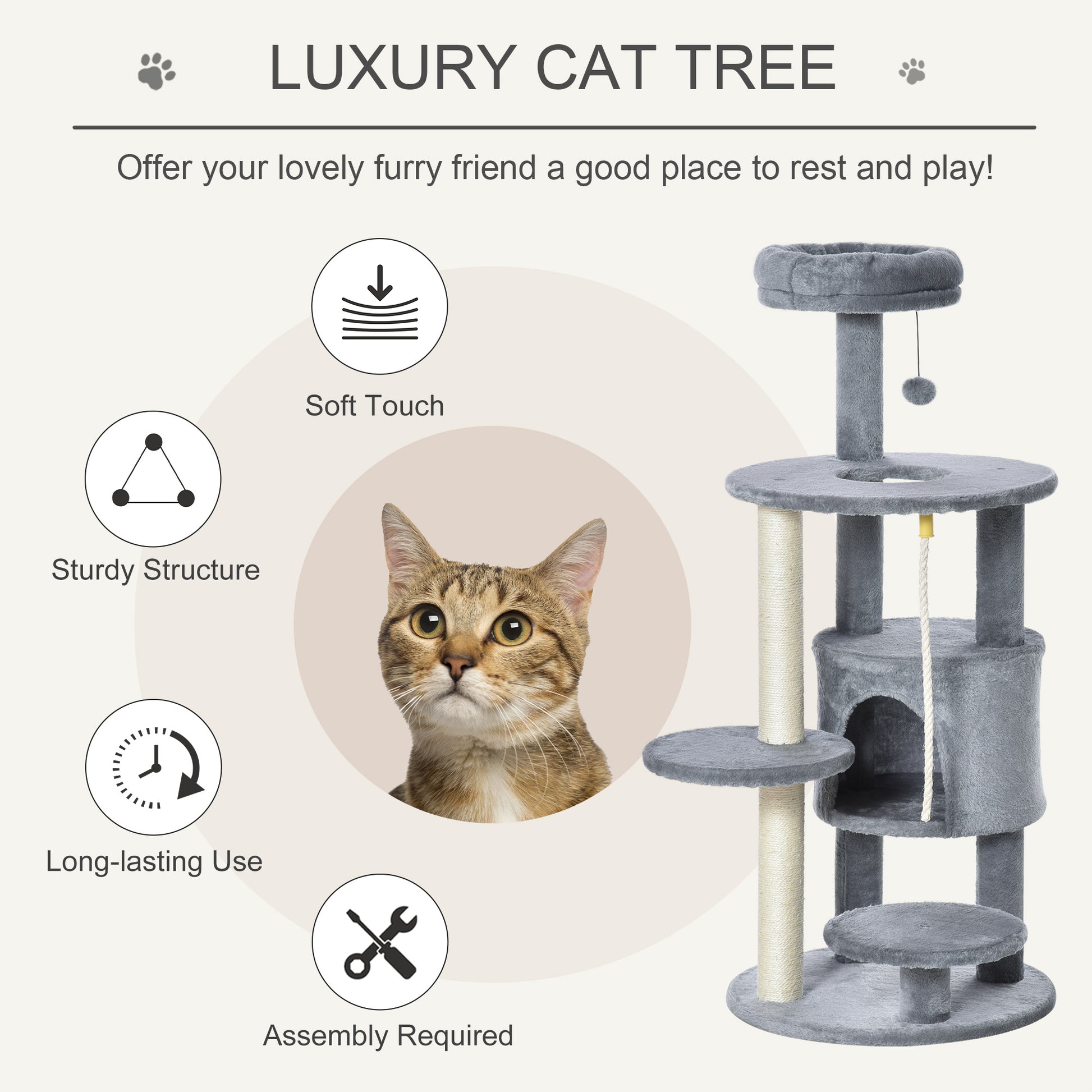 PawHut Cat Tree Tower 112cm Climbing Kitten Activity Center with Jute Scratching Post Perch Hanging Ball Toy Teasing Rope Dark grey