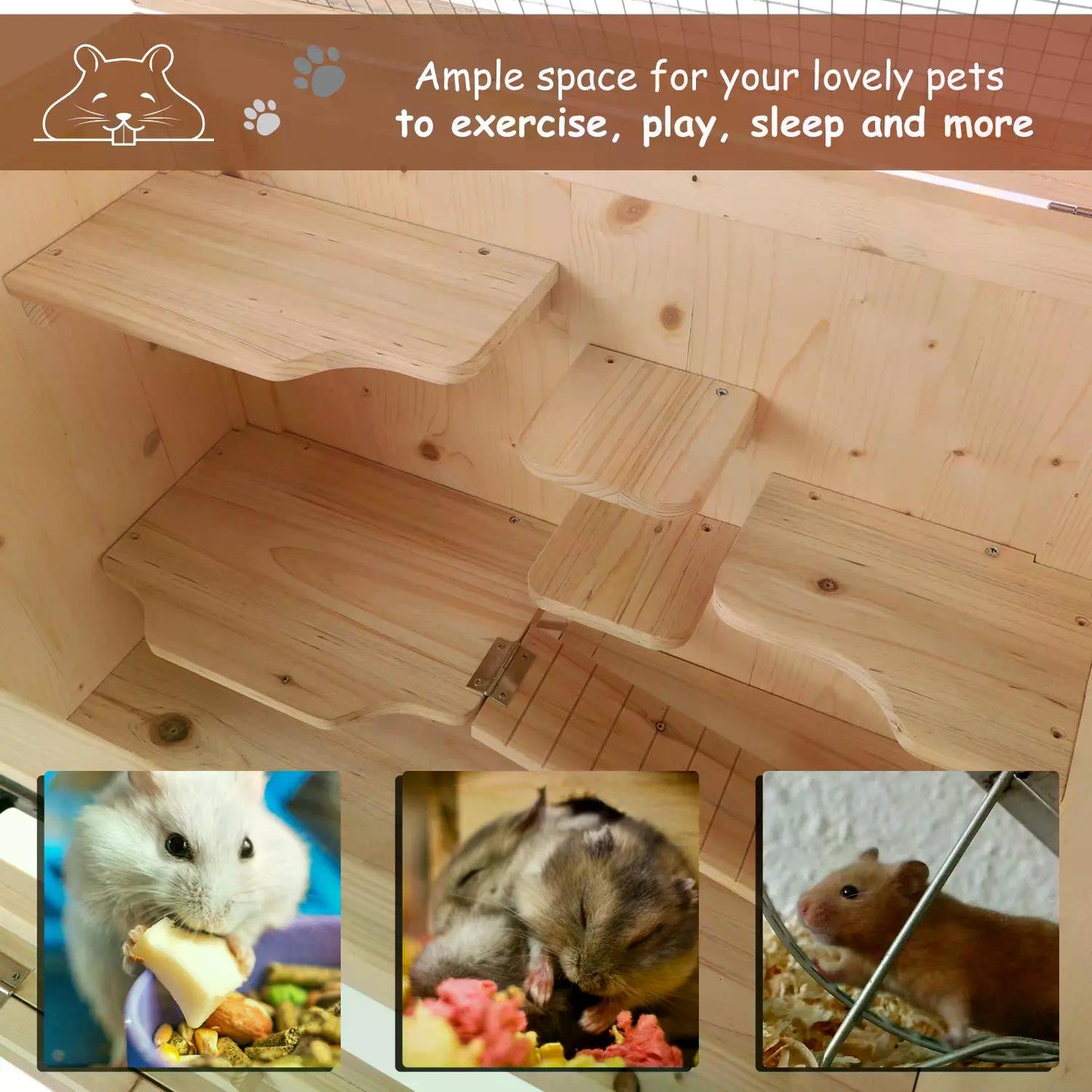 PawHut Hamster Cage Wooden Mouse Rodent Small Pet Animals 4 Layers Tall Bottom Storage Shelf Easy Clean