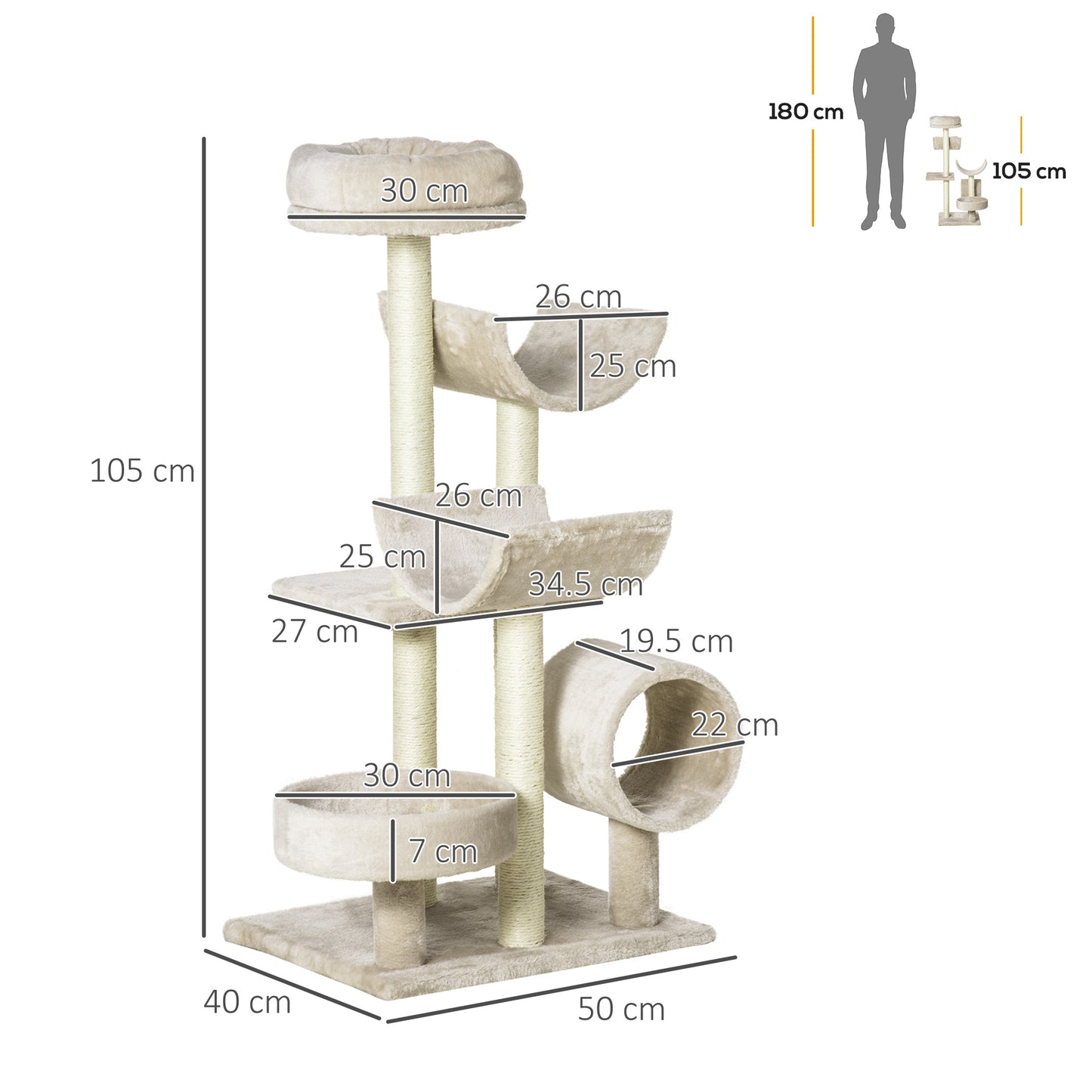 PawHut Cat Tree, Plush, 50Lx40Wx105H cm-Beige