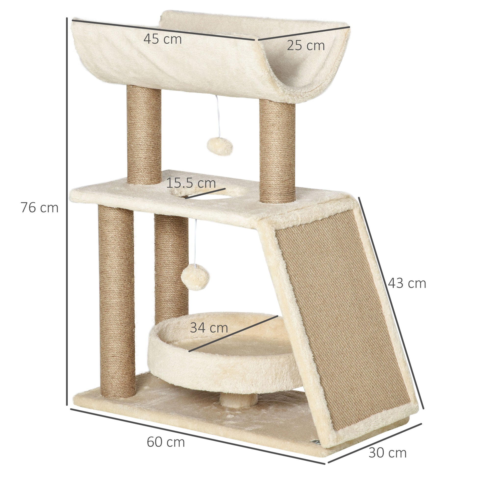 PawHut Cat Tree for Indoor Cats with Scratching Posts Pad, Kitten Tower with Bed Perch Ball Toy, 60 x 30 x 76 cm, Light Brown