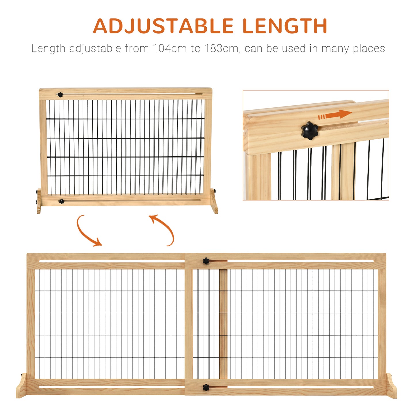 PawHut Adjustable Wooden Pet Gate, Freestanding Dog Barrier Fence with 2 Panels for Doorway, Hallway, 69H x 104-183 cm, Natural