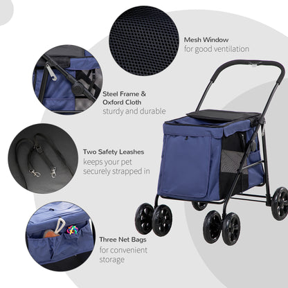 PawHut One-Click Foldable Dog Pushchair w/ EVA Wheels, Storage Bags, Mesh Windows, Doors, Safety Leash, Cushion, for Small Pets - Dark Blue