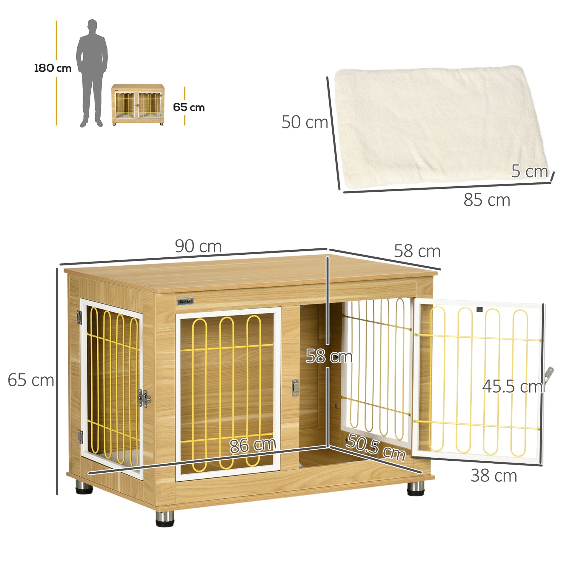 PawHut Dog Crate Furniture, Dog Cage End Table. with Soft Cushion, Double Door - Oak Tone