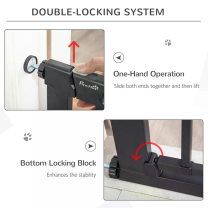 PawHut 75-82 cm Pet Safety Gate Barrier, Stair Pressure Fit, w/ Small Door, Auto Close, Double Locking, for Doorways, Hallways, Black