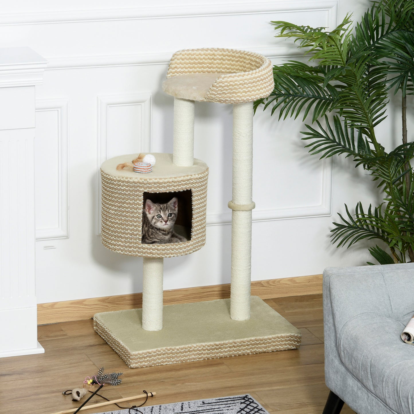 PawHut Multi-Level Cat Tree Tower Activity Center Climbing Frame Kitten House Furniture with Jute Scratching Posts Condo Perch Plush Fabric