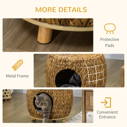 PawHut Wicker Cat Cave/House Stool with Soft Washable Cushion,Rattan Kitten Bed for Outdoor & Indoor Use? 44 x 43 x 41cm