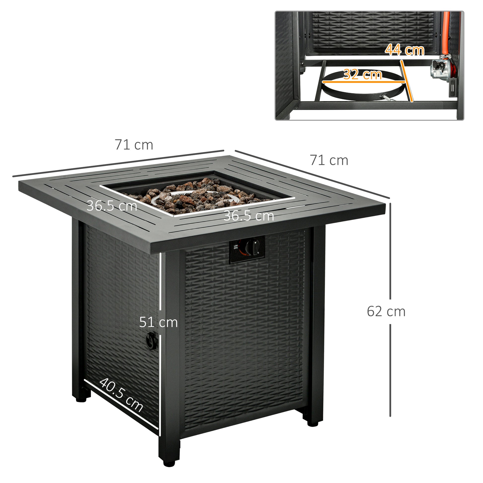 outsunny-square-propane-gas-fire-pit-table-40000-btu-rattan-smokeless-firepit-patio-heater-w-protective-cover-lava-rocks-and-lid-71x71x62cm-black