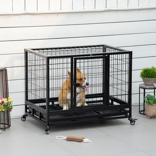 PawHut 38" Heavy Duty Metal Dog Kennel Pet Cage with Crate Tray and Wheels - Black (Medium)