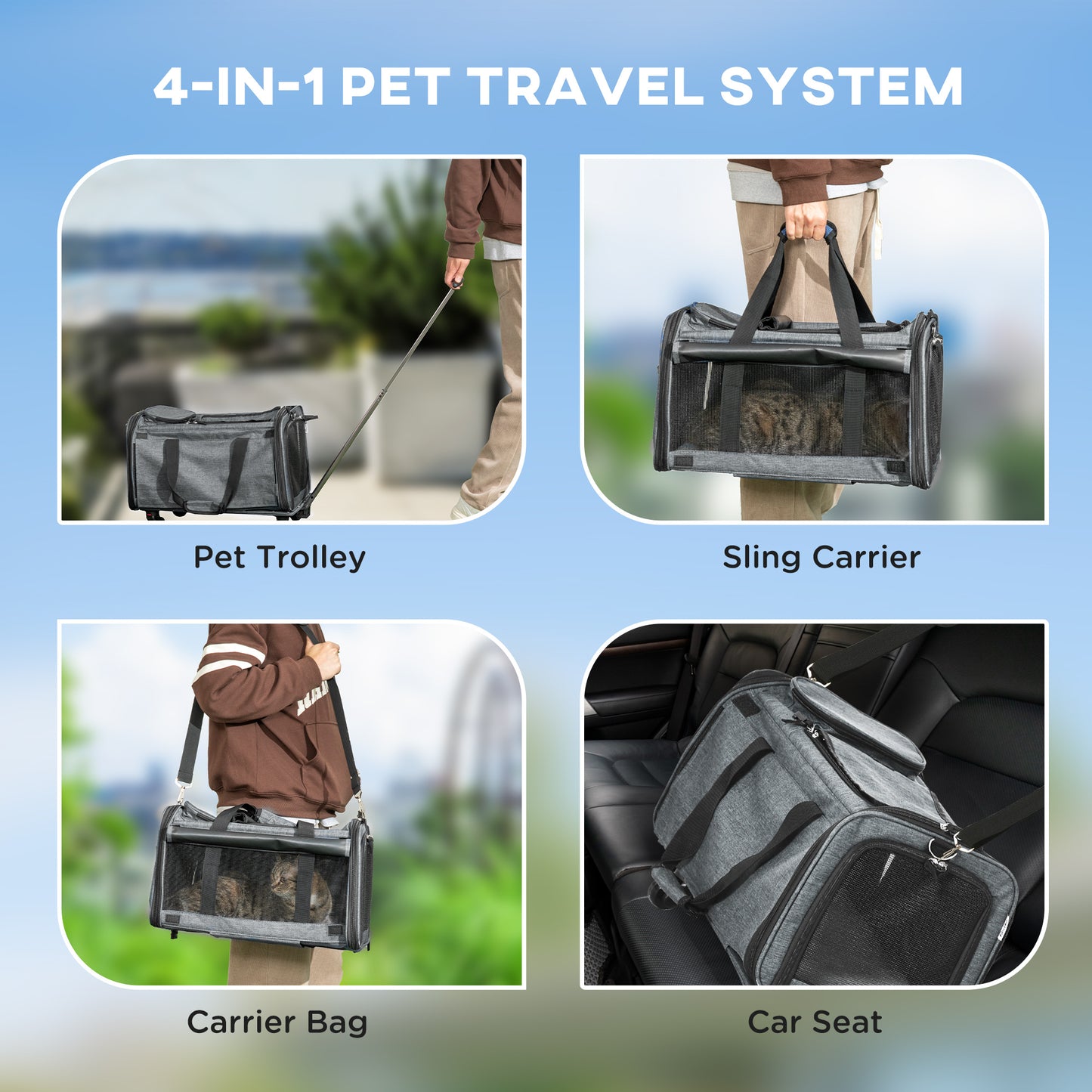 PawHut 4 in 1 Pet Carrier Portable Cat Carrier Foldable Dog Bag On Wheels for Cats, Miniature Dogs w/ Telescopic Handle, Grey