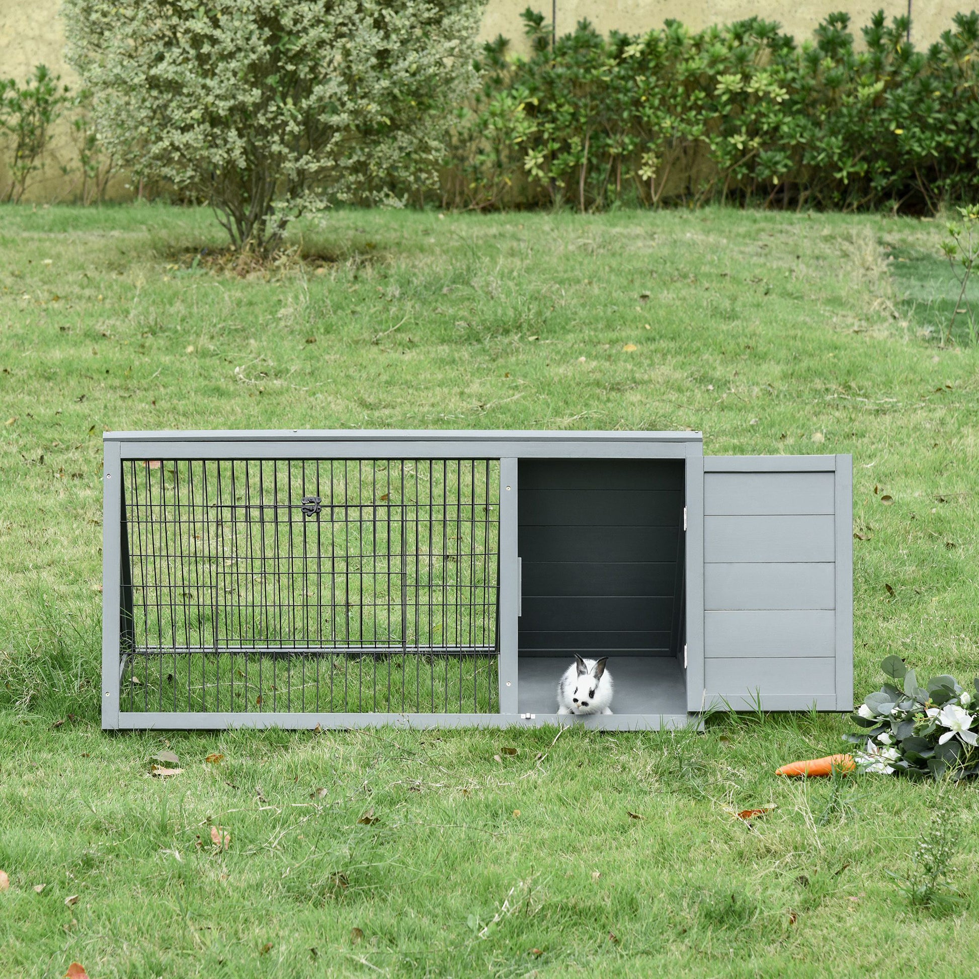 PawHut Wooden Rabbit Cage Small Animal Hutch w/ Outside Area - Grey