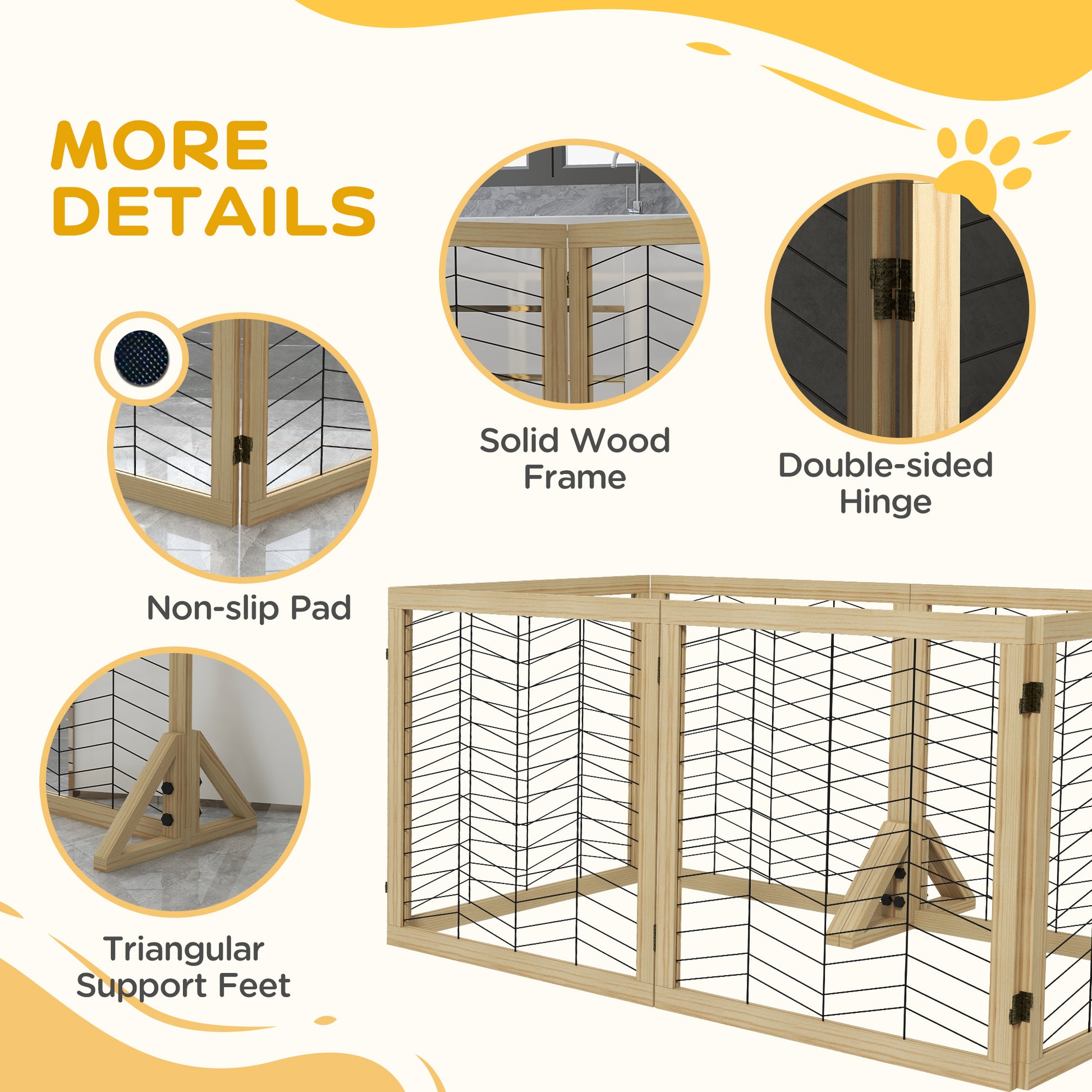 PawHut 6 Panels Pet Gate, Wooden Foldable Dog Barrier w 2PCS Support Feet, for Small Medium Dogs - Natural Wood Finish