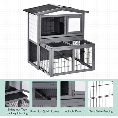 PawHut Rabbits 2-Tier Fur Wood Outdoor Hutch Grey