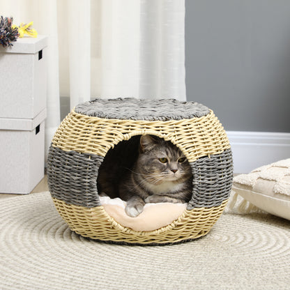 PawHut Wicker Cat House, Rattan Raised Cat Bed, Cosy Kitten Cave with Soft Washable Cushion, ?40 x 30cm