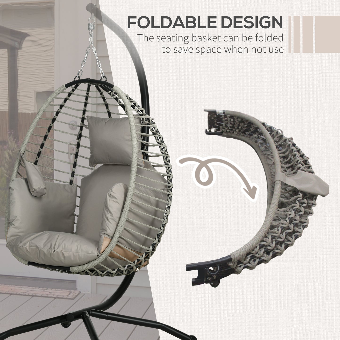 outsunny-outdoor-swing-chair-with-thick-padded-cushion-patio-hanging-chair-with-metal-stand-foldable-basket-cup-holder-rope-structure-for-indoor-outdoor-grey