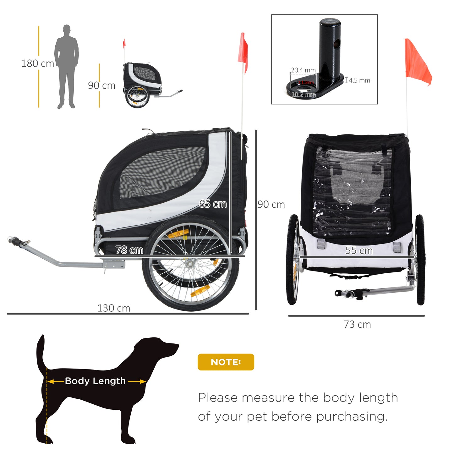 PawHut Dog Bike Trailer Steel Pet Cart Carrier for Bicycle Kit Water Resistant Travel White and Black