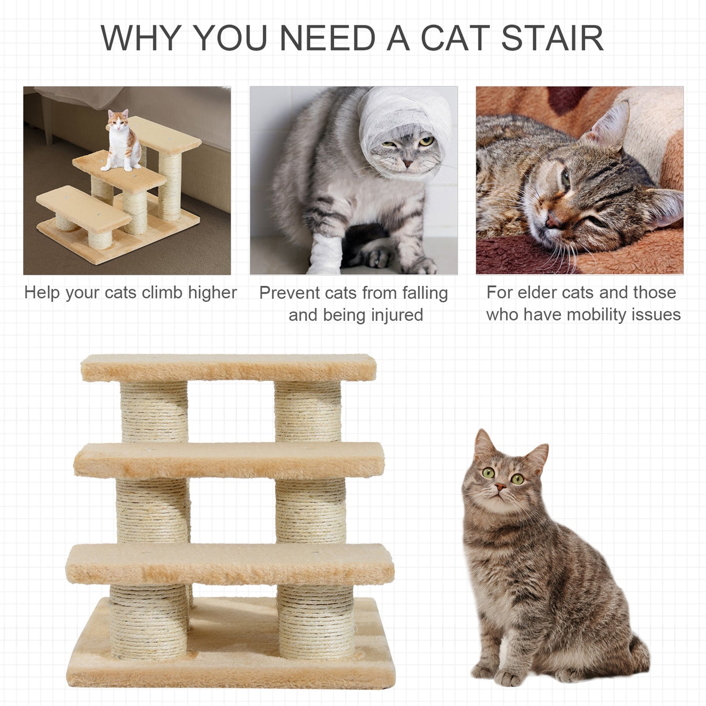 PawHut 3-Step Pet Steps, Pet Climber Ladder with Plush Surface, Portable Cat Dog Little Older Animal Easy Climb Stairs Assistance Cream