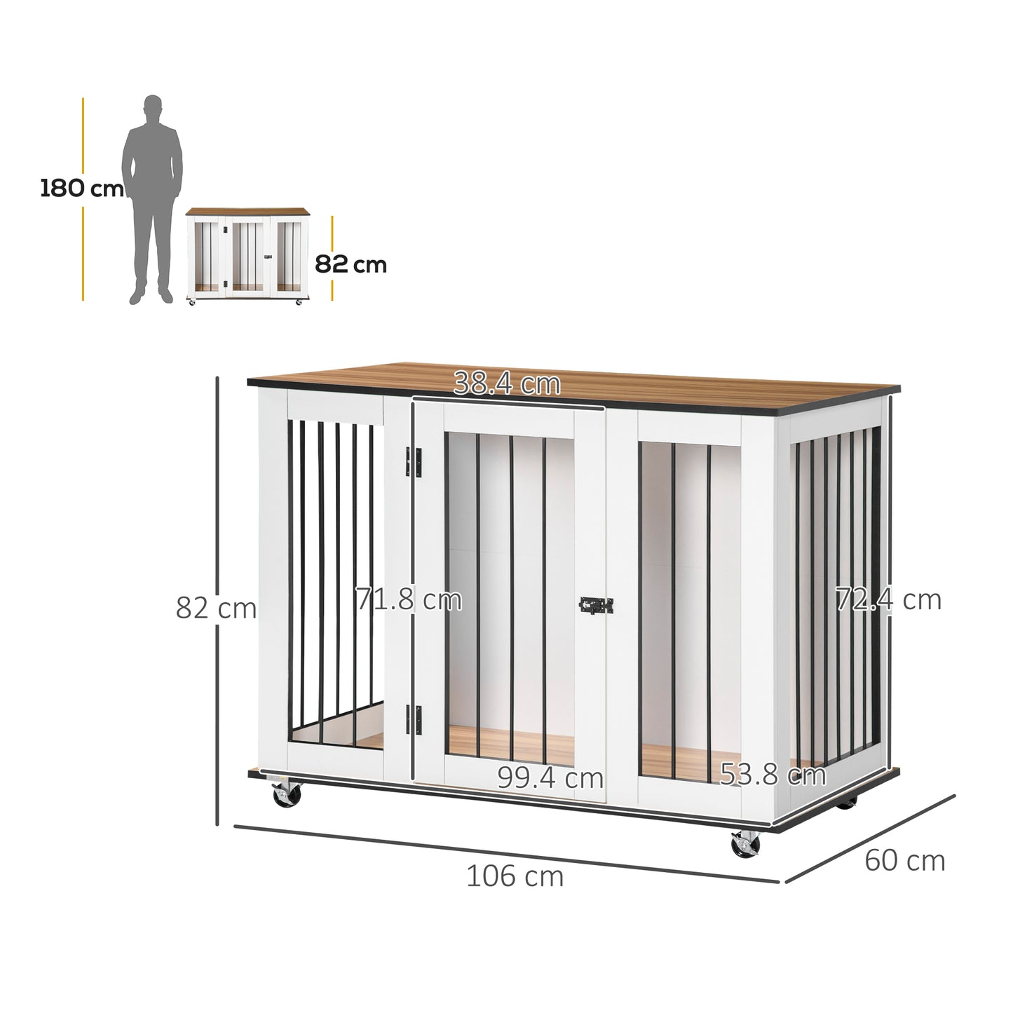 PawHut Dog Cage End Table with Five Wheels, Dog Crate Furniture for Large Sized Dogs, with Front Door Latch, Indoor Use, White