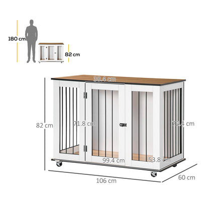 PawHut Dog Cage End Table with Five Wheels, Dog Crate Furniture for Large Sized Dogs, with Front Door Latch, Indoor Use, White