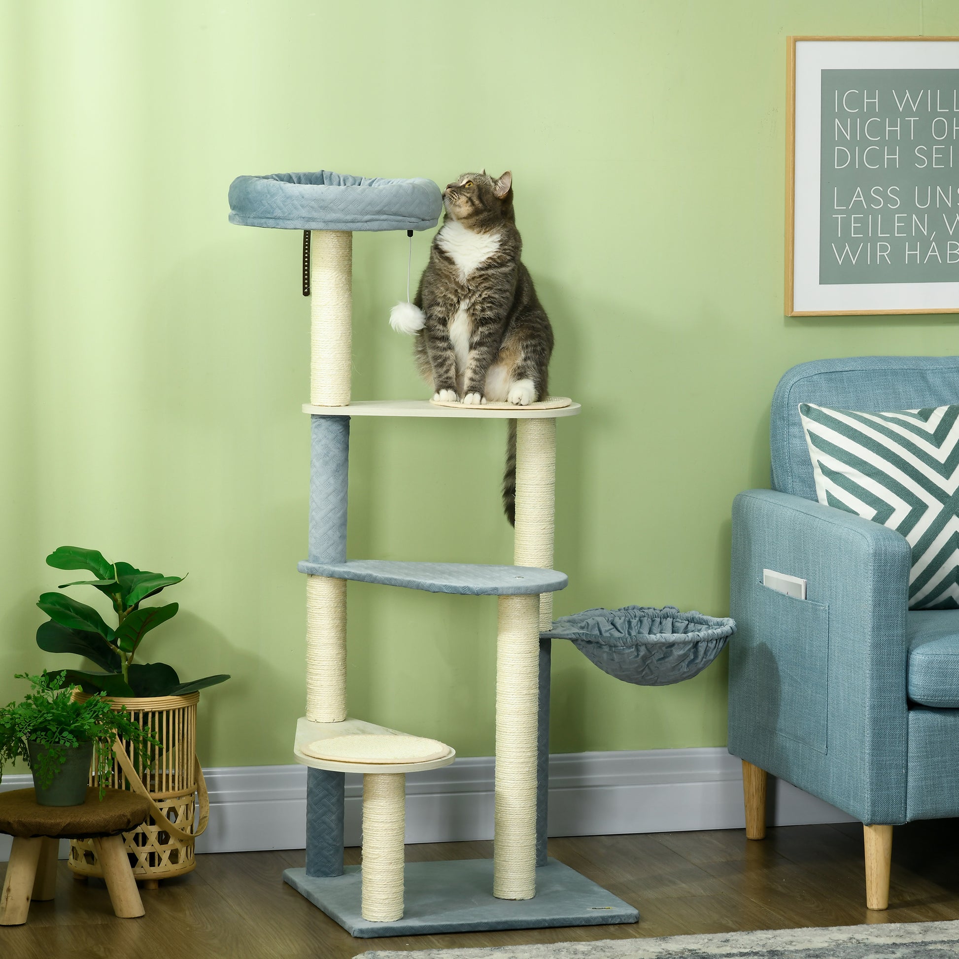 PawHut 118.5cm Cat Tree for Indoor Cats, Cat Tower with Scratching Posts, Mats, Hammock, Cat Bed, Ball Toy, Grey Blue