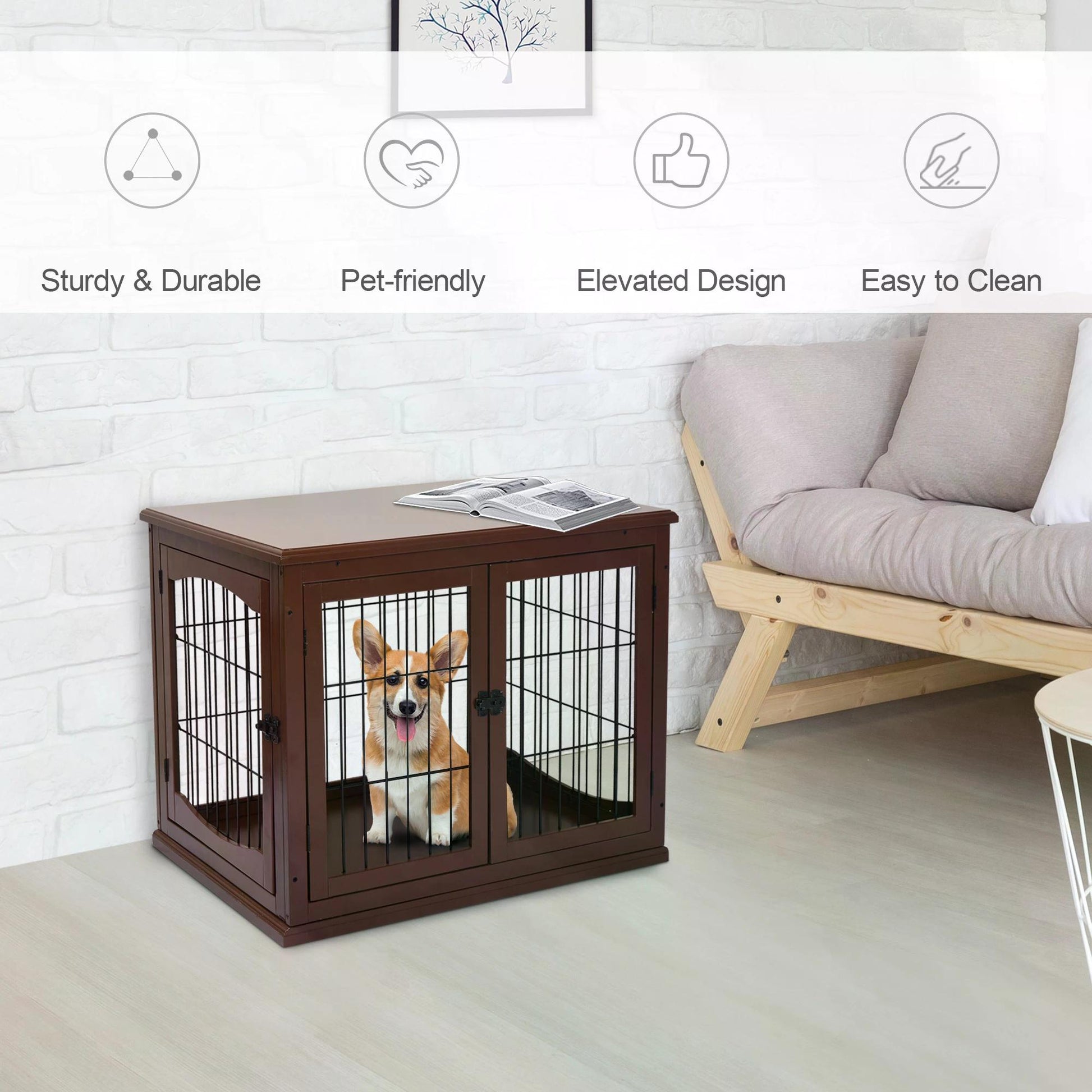 PawHut 66cm Modern Indoor Pet Cage w/ Metal Wire 3 Doors Latches Base Small Animal House Tabletop Crate Decorative Stylish Brown