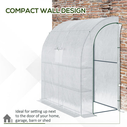 outsunny-walk-in-lean-to-wall-greenhouse-with-windows-and-doors-2-tiers-4-wired-shelves-200l-x-100w-x-213hcm-white